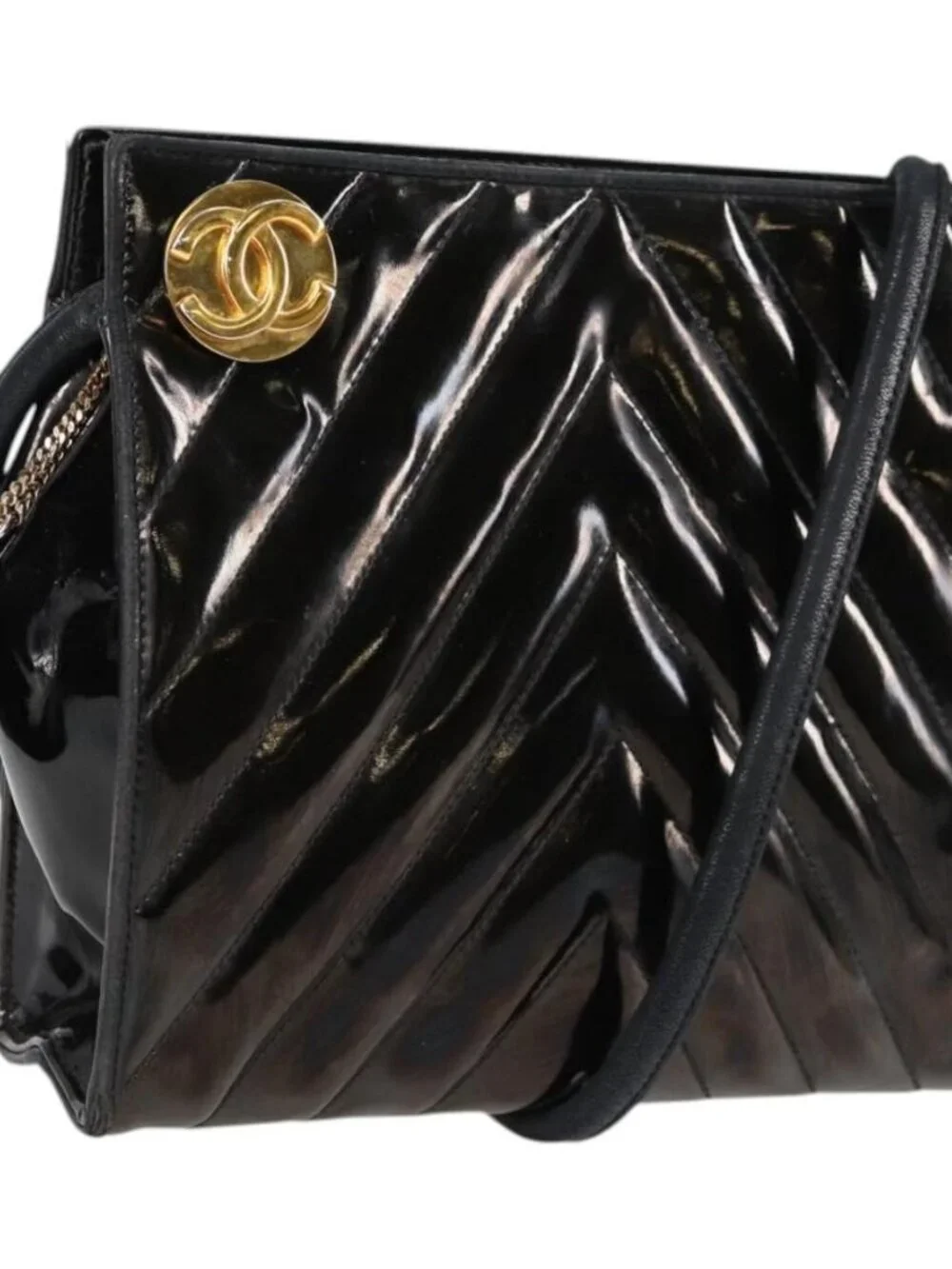 CHANEL V Stitch Shoulder Bag Enamel Black CC Auth bs25102